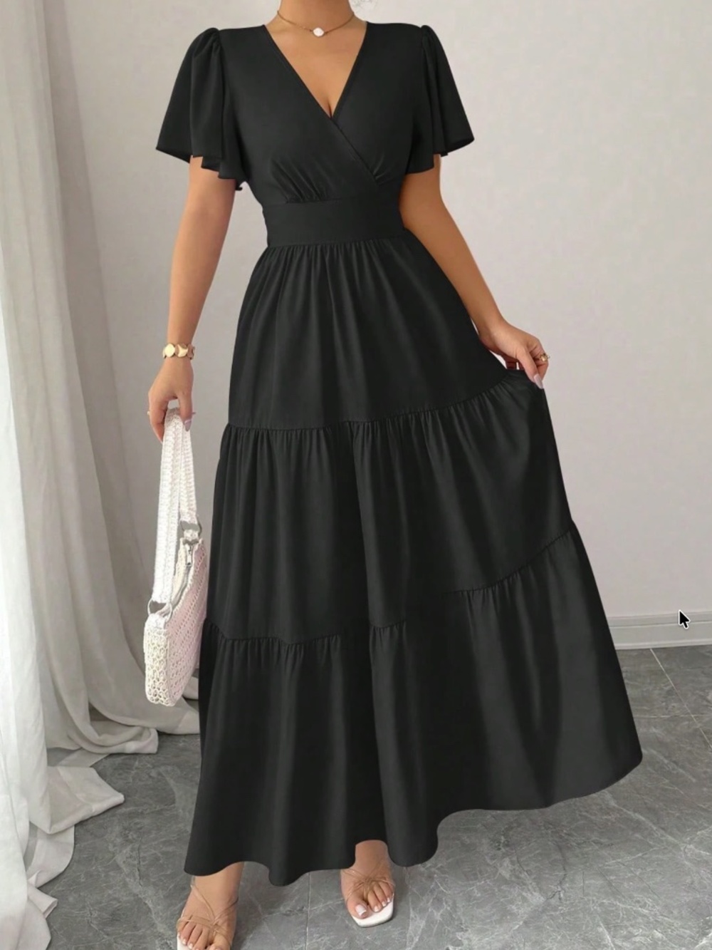 Classic V neck Solid Flounce Sleeve High Waisted Maxi Dress - Picture 11 of 13